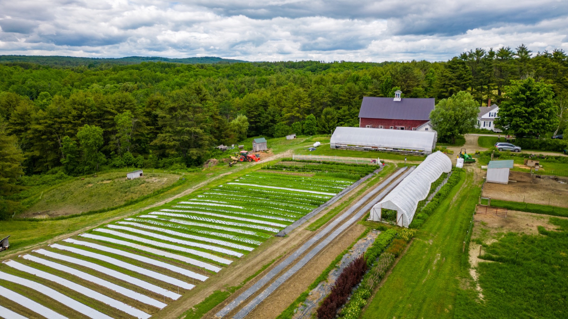 Eastern River Farm from above — barn, greenhouses and flower rows between the woods and the river